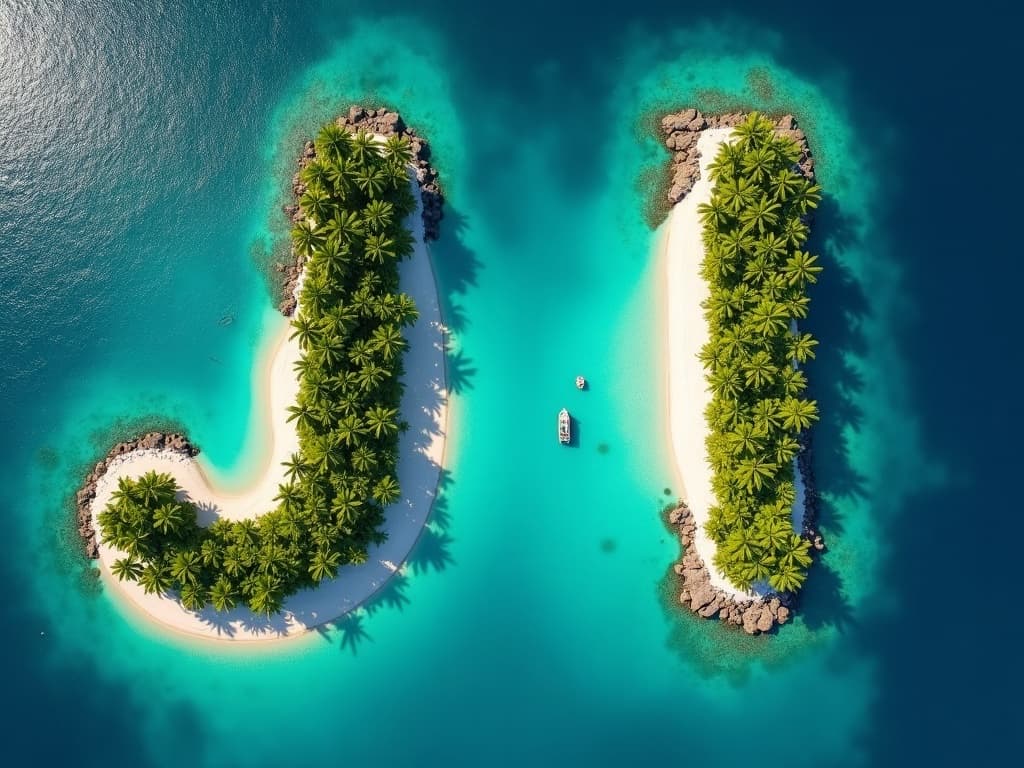 Aerial view of two tropical islands shaped like the letters J and I